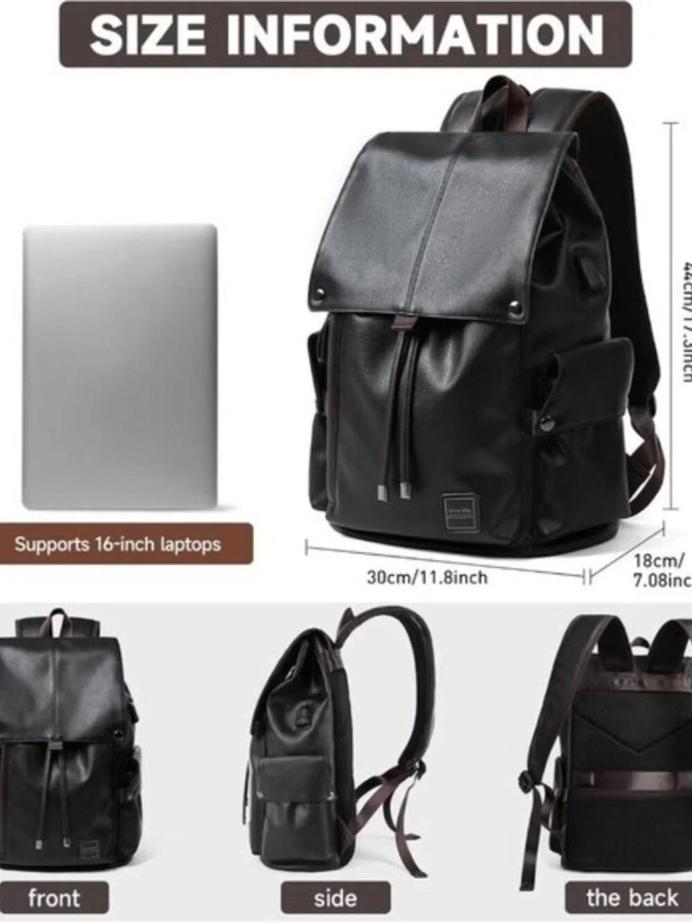 Men's Black Vintage PU Leather Laptop Backpack Water Resistant USB 15.6